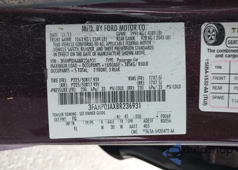 2011 Ford Fusion Sel from USA, damaged, VIN 3FAHP0JAXBR236931